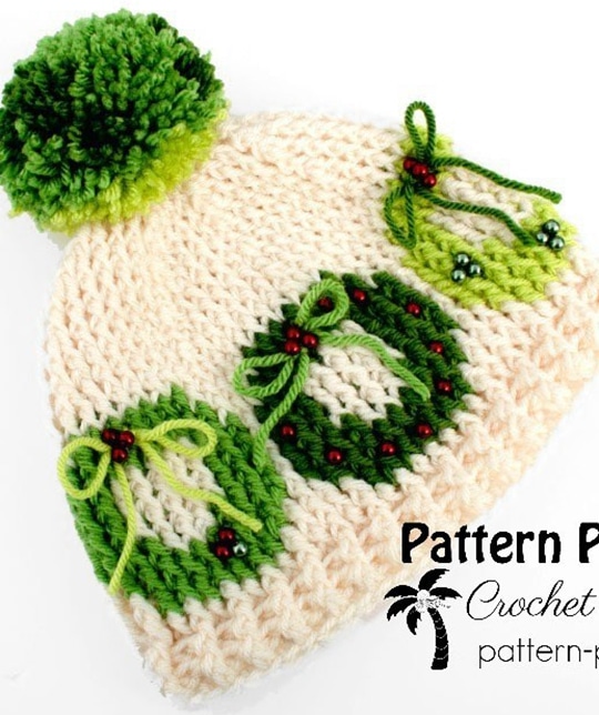 Crochet Christmas Wreath Hat free pattern - Crochet Pattern for Christmas Beanie