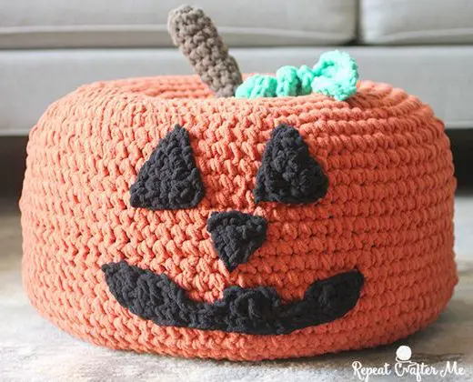 Crochet Jack-o-Lantern Pumpkin Pouf free pattern
